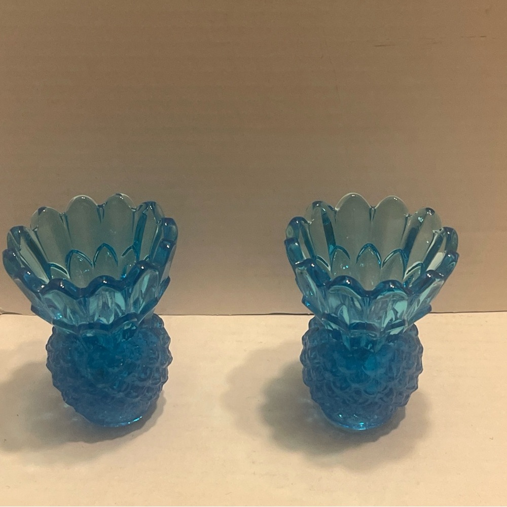 Vintage Aqua Blue Indiana Glass Pineapple candle stick holders - Picture 2 of 7